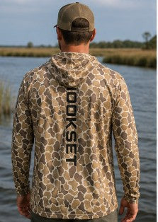 Back view of HOOKSET Timber Duck UPF 50 fishing hoodie with vertical HOOKSET logo and duck camouflage pattern