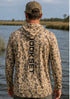 Back view of HOOKSET Timber Duck UPF 50 fishing hoodie with vertical HOOKSET logo and duck camouflage pattern