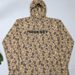 Front view of HOOKSET Timber Duck UPF 50 fishing hoodie featuring duck camouflage pattern and lightweight performance fabric
