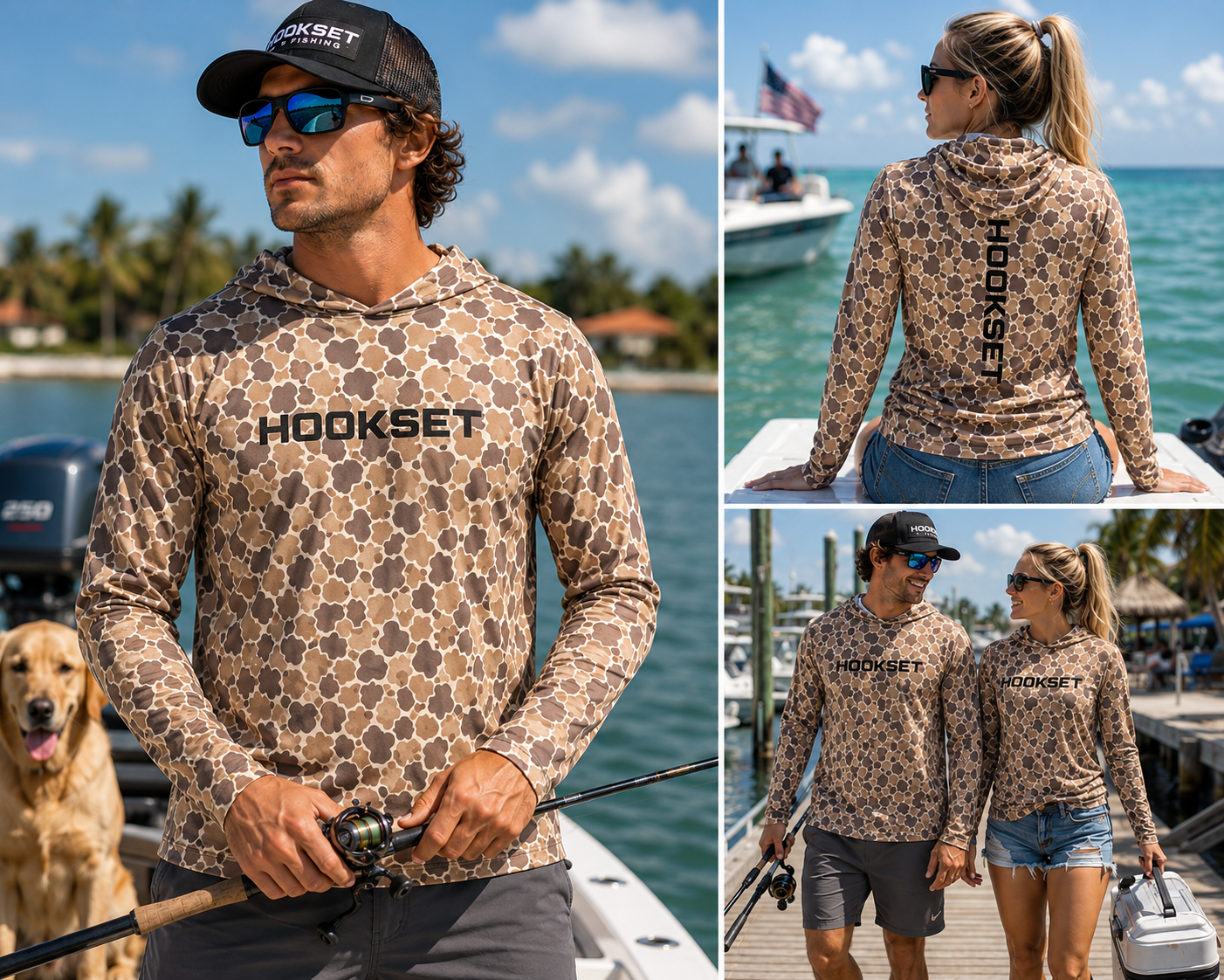 HOOKSET Timber Duck UPF 50 fishing hoodie featuring duck camouflage pattern shown in front, back, and boating lifestyle scenes