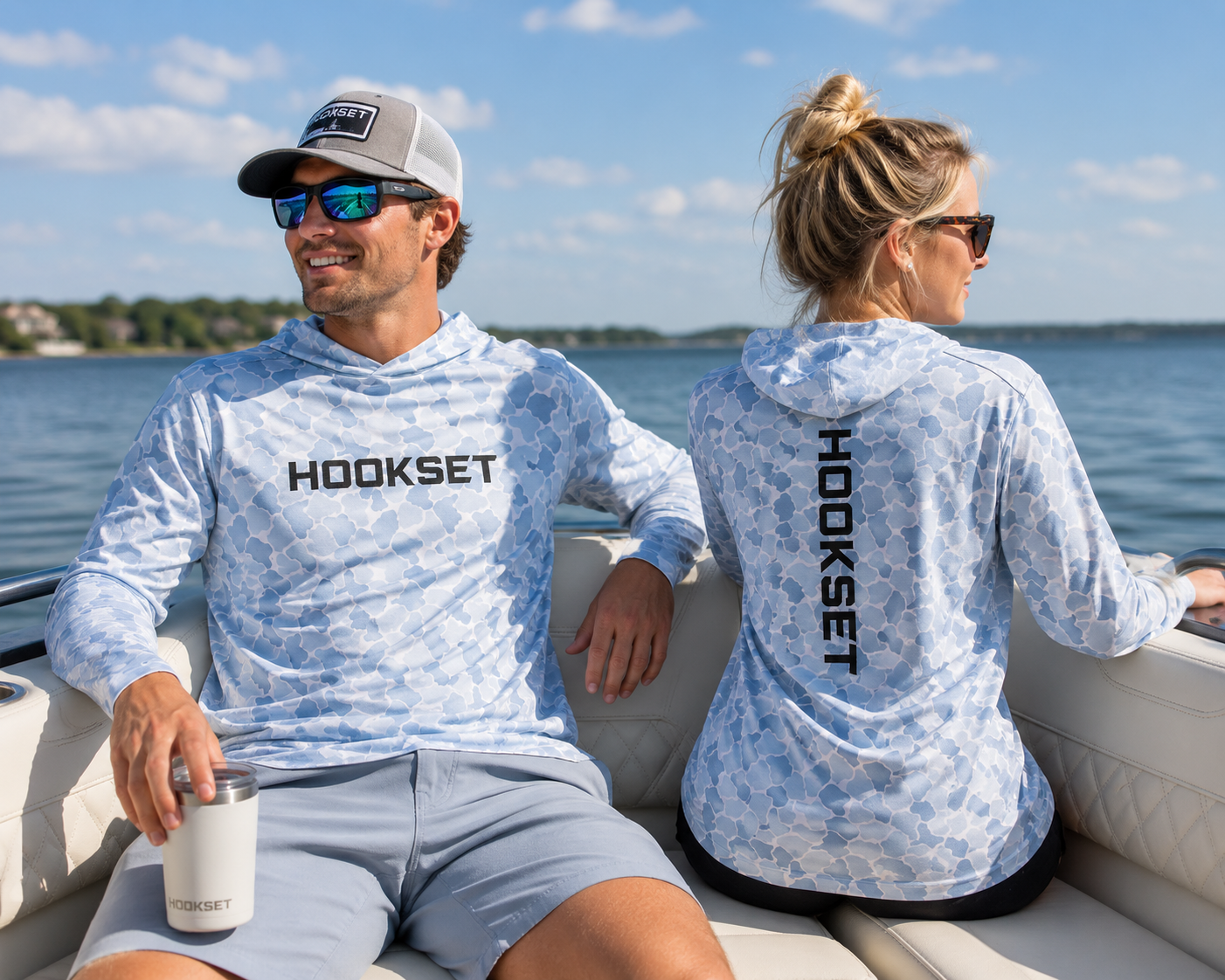Hookset Blue Ice fishing hoodies lifestyle photo on lake