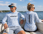 Hookset Blue Ice fishing hoodies lifestyle photo on lake