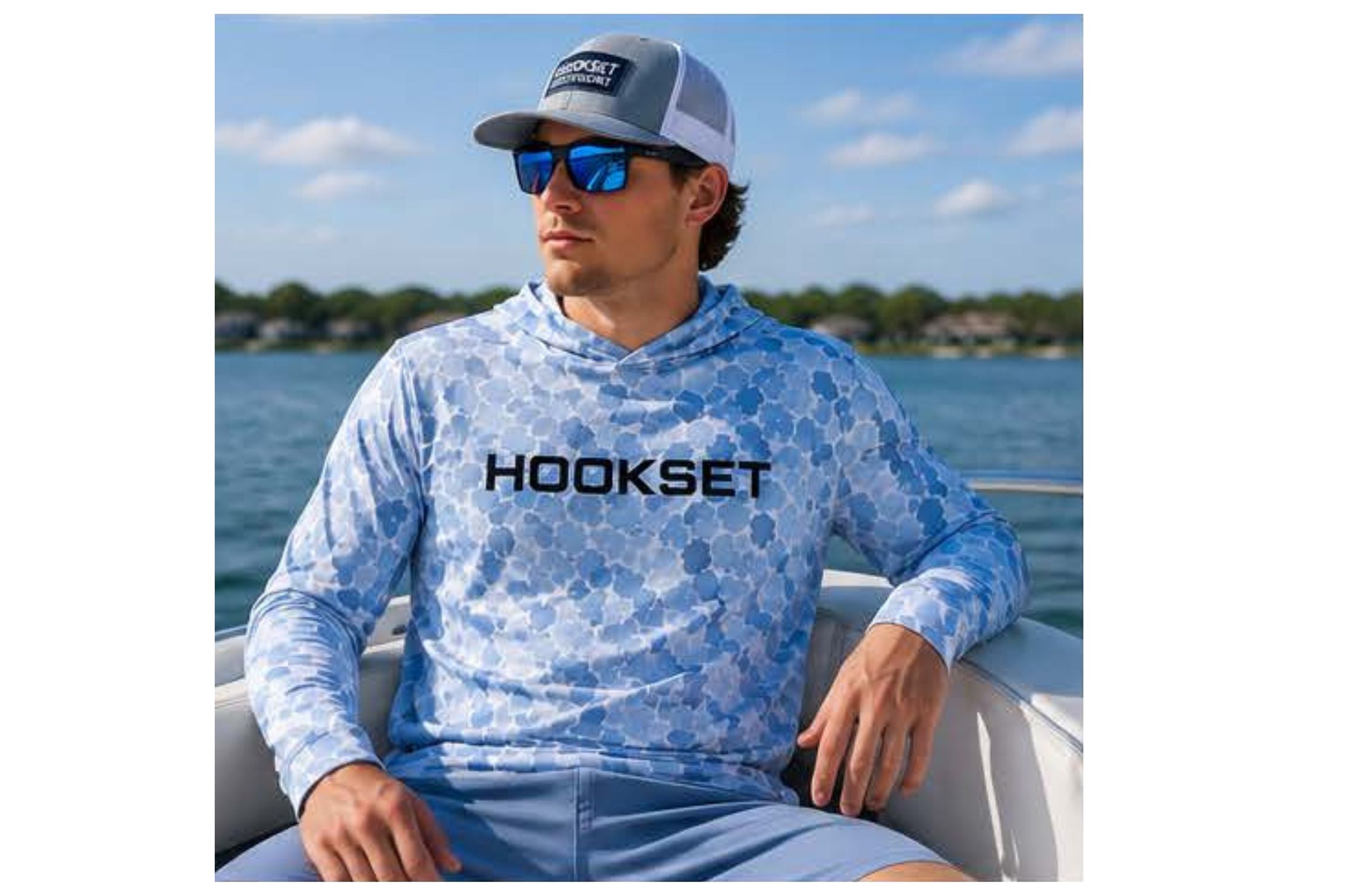 Hookset Blue Ice UPF 50 fishing hoodie on boat