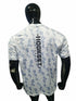 Back view of Hookset Outdoors Blue Ice camouflage short sleeve performance fishing shirt with vertical Hookset logo displayed on mannequin.