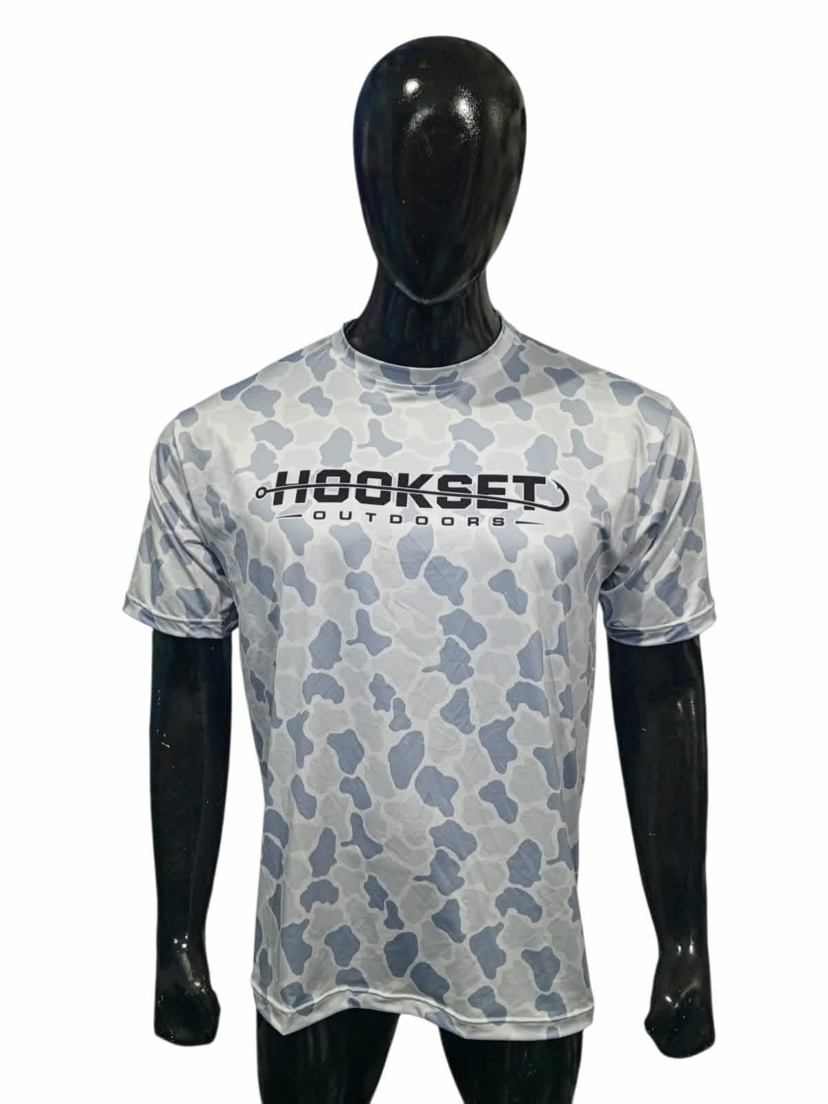 Front view of Hookset Outdoors Blue Ice camouflage short sleeve performance fishing shirt displayed on mannequin with black Hookset logo.