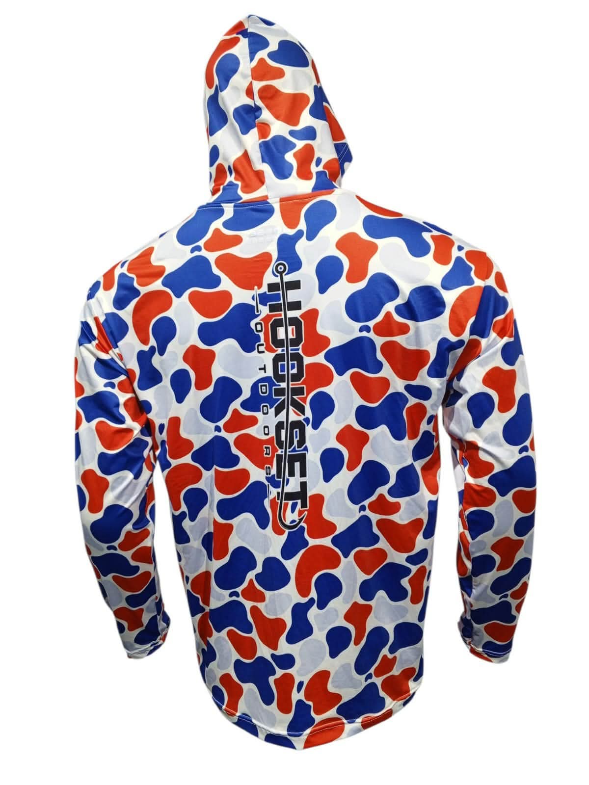Back view of Hookset Freedom UPF 50 fishing hoodie with patriotic red white and blue duck camo pattern and vertical Hookset Outdoors logo.