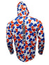 Back view of Hookset Freedom UPF 50 fishing hoodie with patriotic red white and blue duck camo pattern and vertical Hookset Outdoors logo.