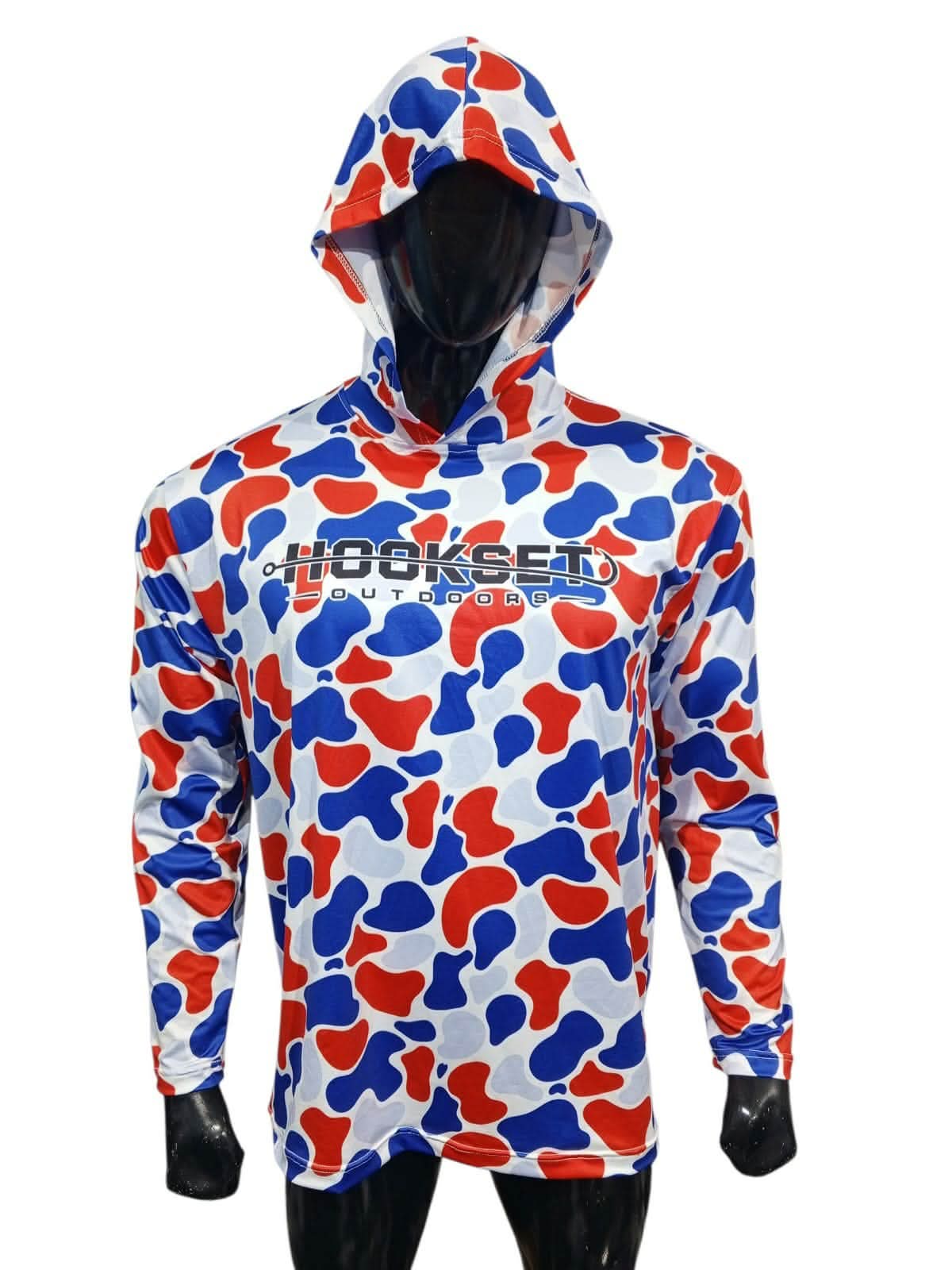 Front view of Hookset Freedom UPF 50 fishing hoodie with patriotic red white and blue duck camo pattern.