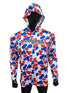 Front view of Hookset Freedom UPF 50 fishing hoodie with patriotic red white and blue duck camo pattern.