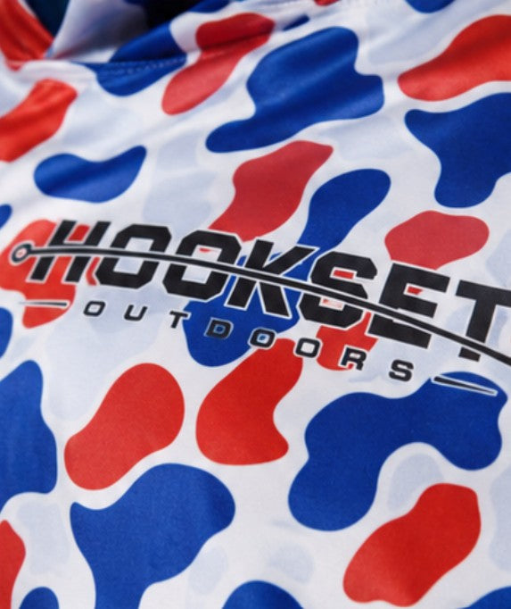 Close-up detail of Hookset Freedom UPF 50 fishing hoodie fabric and Hookset Outdoors chest logo.