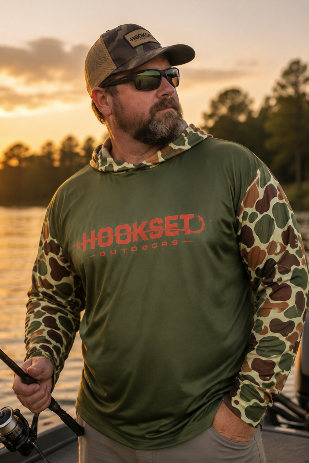 Angler wearing HOOKSET Mallard UPF 50 fishing hoodie with frog-skin camo sleeves and hood, holding a fishing rod on a boat at golden hour sunset
