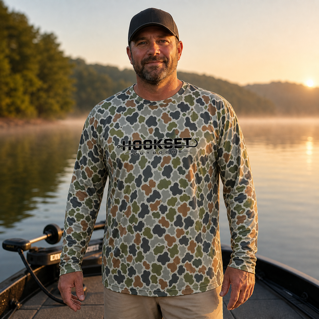 Man wearing a Hookset Outdoors camo long-sleeve UPF fishing shirt standing on a boat at sunrise