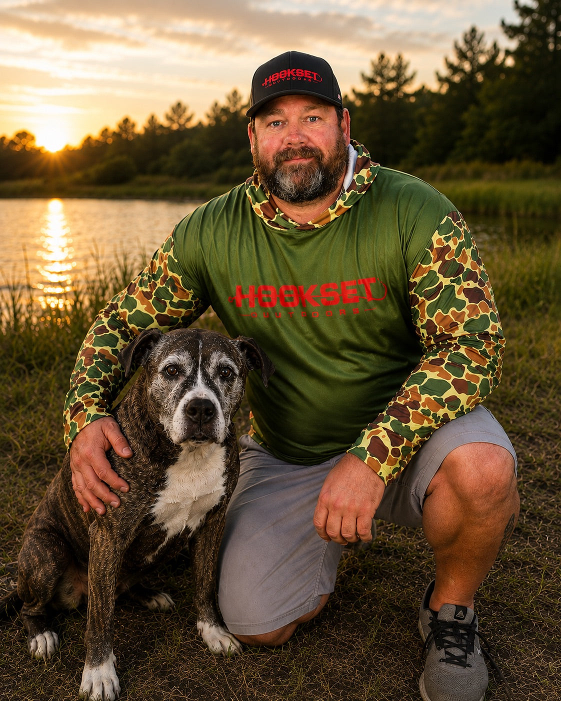 Man wearing Hookset Outdoors Mallard camo UPF 50 fishing hoodie kneeling with his dog beside a lake at sunset