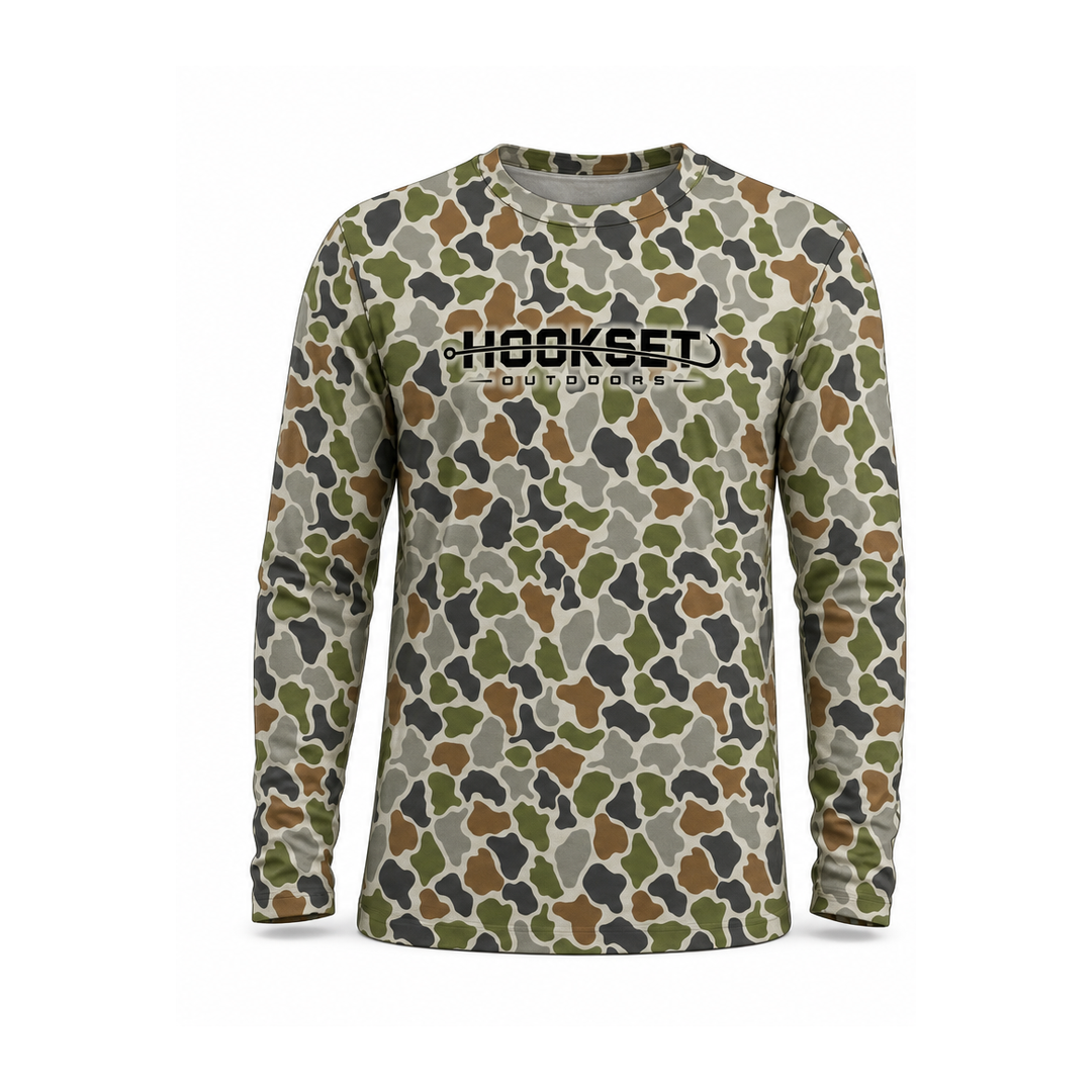 HOOKSET Sawgrass all-over camo UPF 50 performance fishing hoodie, front view