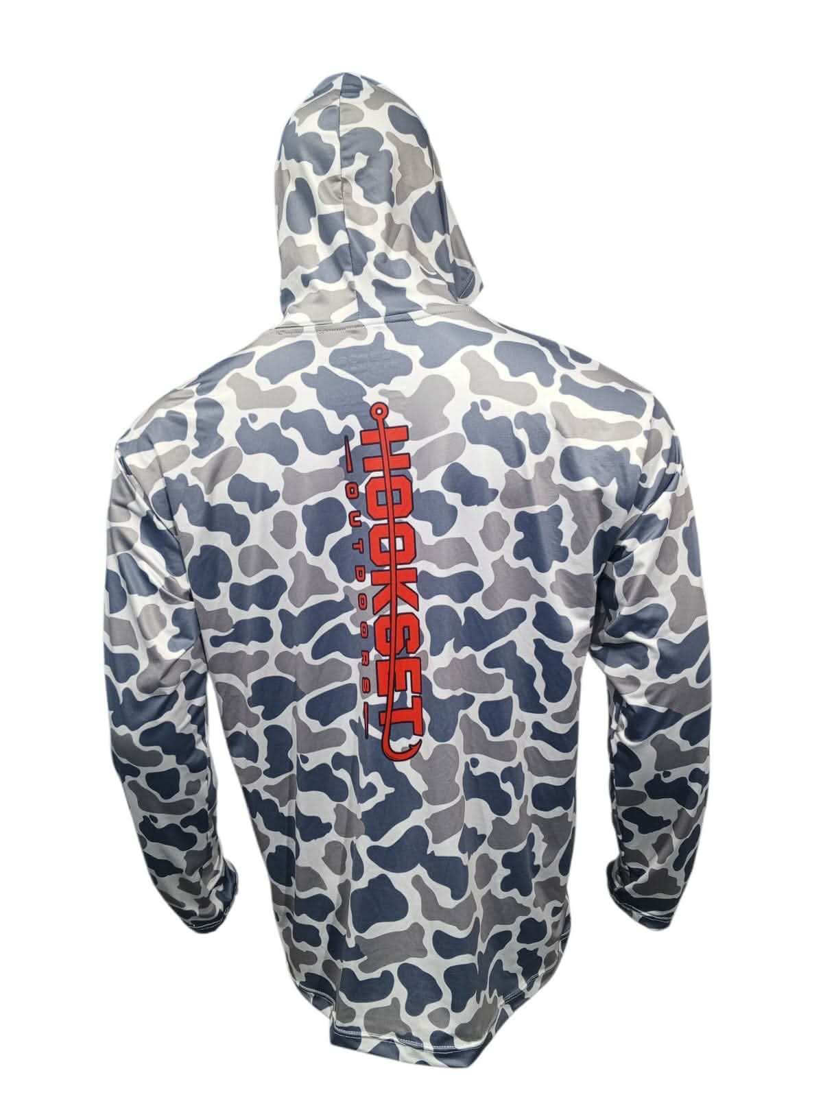 Front view of Hookset Storm Grey UPF 50 fishing hoodie with grey duck camo pattern and Hookset Outdoors chest logo.