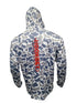 Front view of Hookset Storm Grey UPF 50 fishing hoodie with grey duck camo pattern and Hookset Outdoors chest logo.