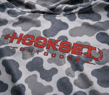 Close-up of Hookset Storm Grey UPF 50 fishing hoodie fabric and logo detail.