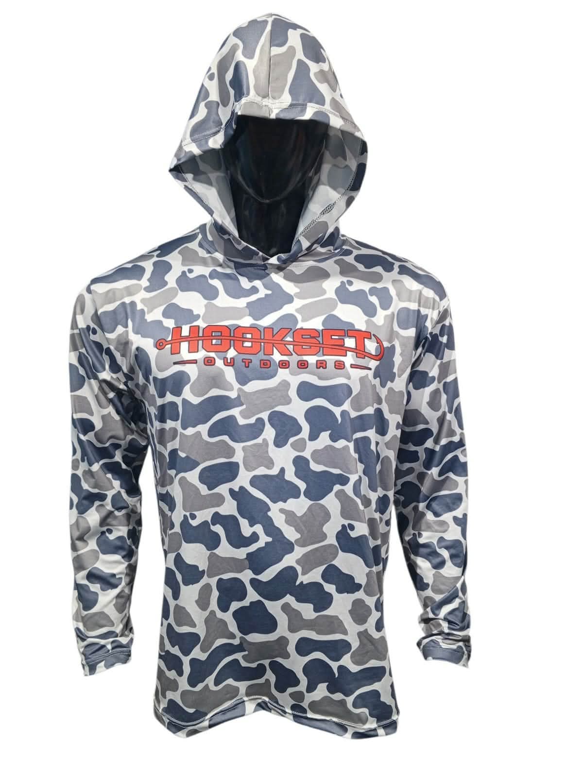 Front view of Hookset Storm Grey UPF 50 fishing hoodie with grey duck camo pattern and Hookset Outdoors chest logo.