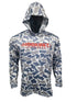 Front view of Hookset Storm Grey UPF 50 fishing hoodie with grey duck camo pattern and Hookset Outdoors chest logo.