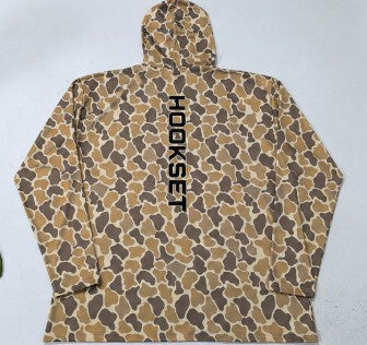 Back view of HOOKSET Timber Duck UPF 50 fishing hoodie with vertical HOOKSET logo and duck camouflage pattern